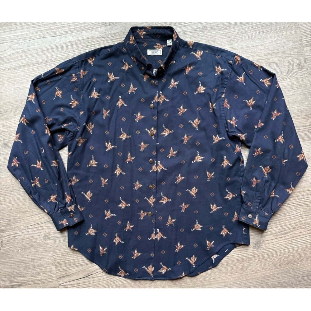 Vintage 80s SERO Navy Cotton Novelty Print Blouse Mallard Duck Shirt